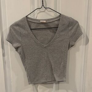 Gray Ribbed V-Neck Women's Top